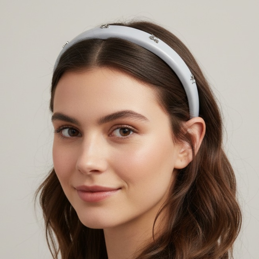 Pastel Blue Headband with Silver Bow Detail Cute Minimal Preppy Hair Headband